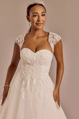 Glamorous Ballgown Sweetheart Lace-Cap-Sleeve Cut-Out Back Glitter-Tulle Train Wedding Dress