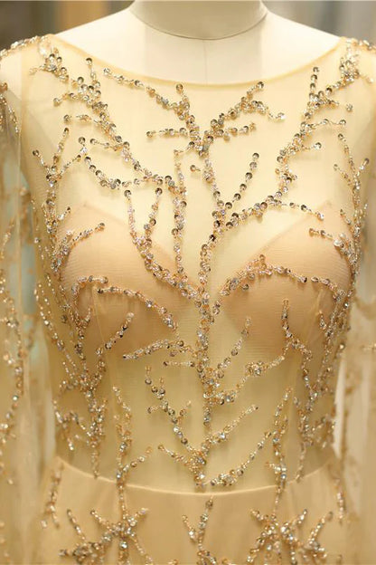 Glamorous Beaded Tulle Evening Dresses with Sheer Long Sleeves, Deep V-Back and Cape Overlay Formal Dress