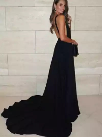 Glamorous Black Chiffon A-Line Dress with Plunge V-Neck & Open Back