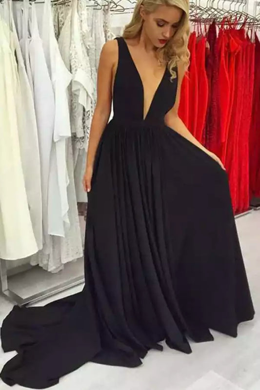 Glamorous Black Chiffon A-Line Dress with Plunge V-Neck & Open Back