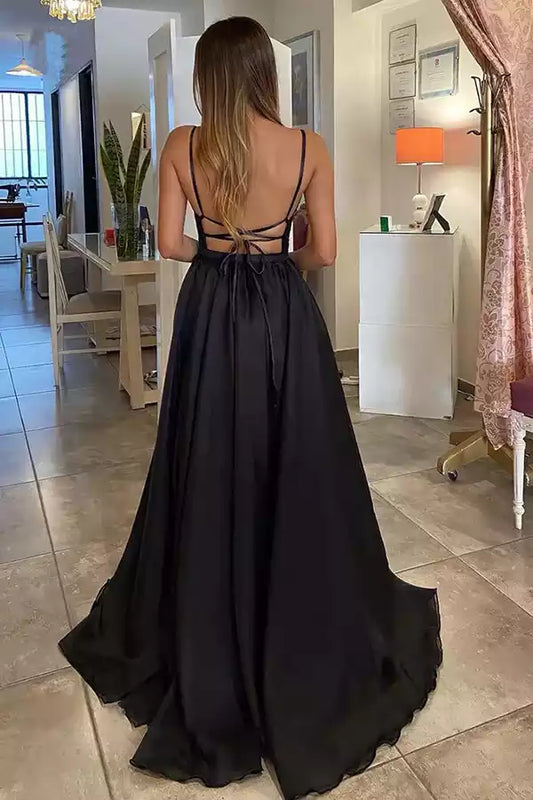 Glamorous Black Chiffon A-Line Dress with Sequin Plunge V-Neck & Criss-Cross Back