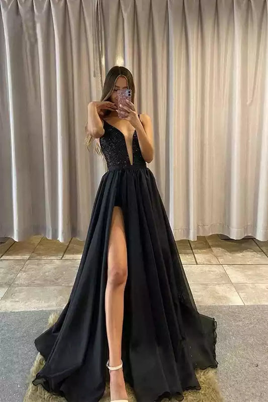 Glamorous Black Chiffon A-Line Dress with Sequin Plunge V-Neck & Criss-Cross Back