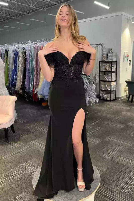 Glamorous Black Lace & Jersey Mermaid Dress with Feather Accents & High Slit
