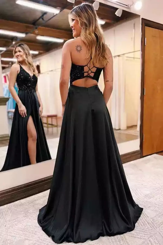 Glamorous Black Satin A-Line Dress with Sequin Halter Neck & Cutout Back