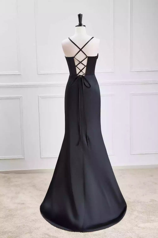 Glamorous Black Satin Mermaid Dress with Cowl Neck & Lace-Up Back
