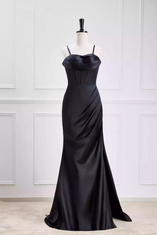 Glamorous Black Satin Mermaid Dress with Cowl Neck & Lace-Up Back