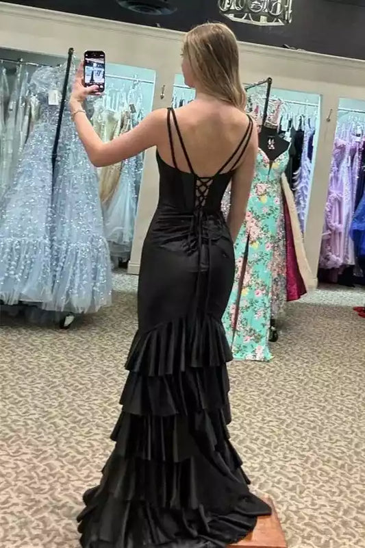 Glamorous Black Satin Mermaid Dress with Plunge V-Neck & Ruffled Skirt