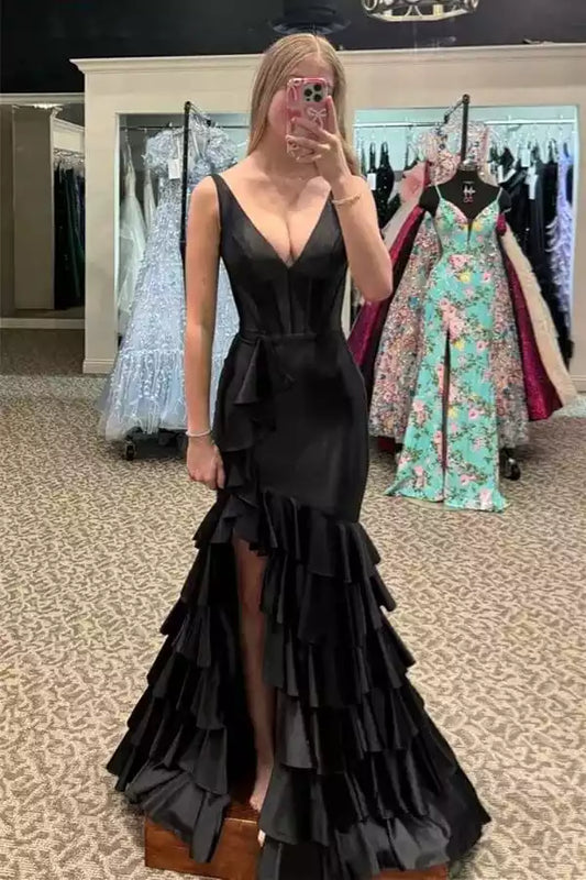 Glamorous Black Satin Mermaid Dress with Plunge V-Neck & Ruffled Skirt