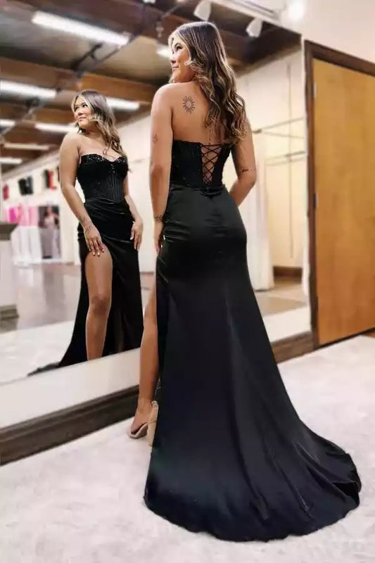 Glamorous Black Satin Mermaid Dress with Sweetheart Lace Bodice & Lace-Up Back