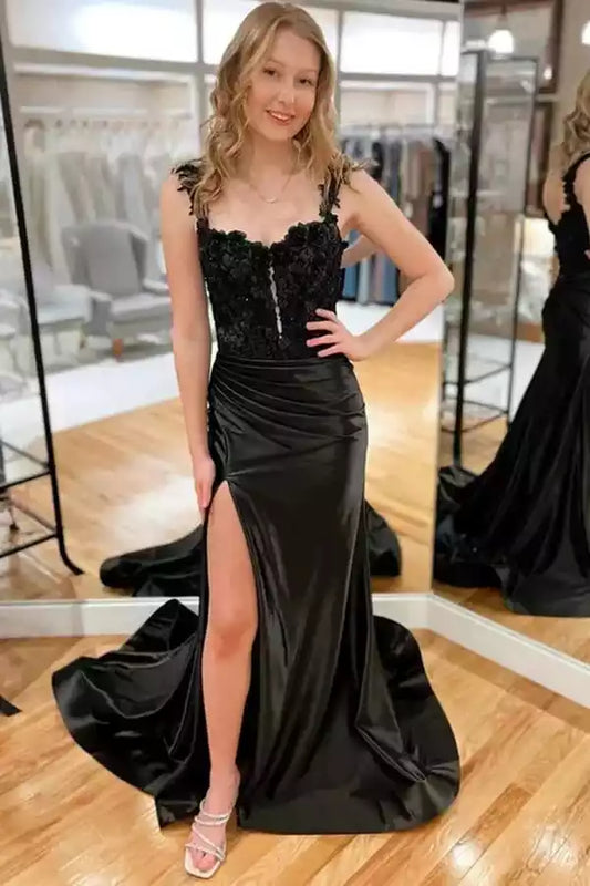 Glamorous Black Satin Mermaid Prom Dress with Lace Corset Bodice & High Slit