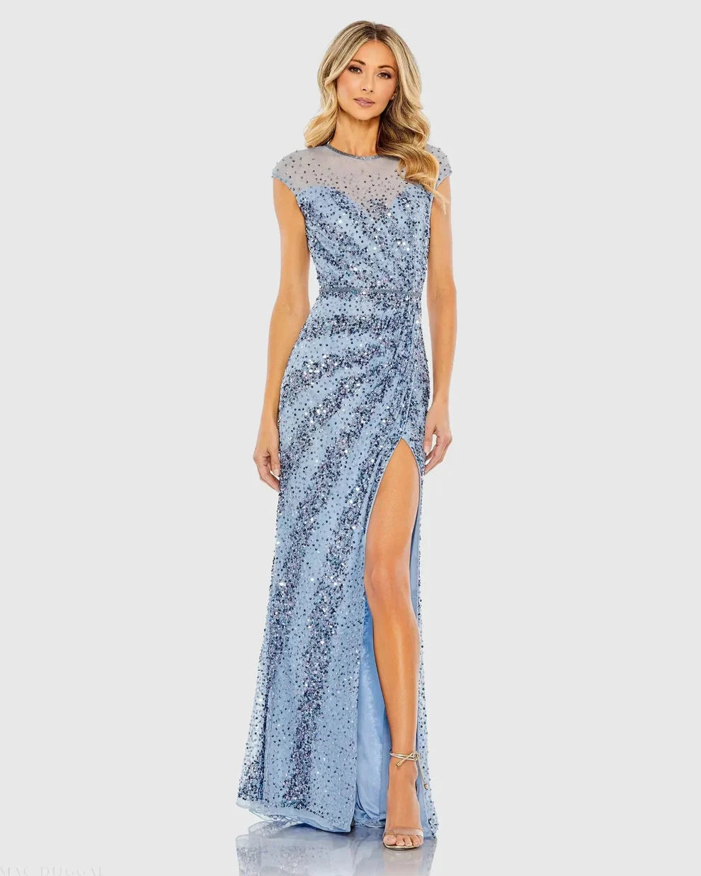 Glamorous Blue Sequin Mermaid Gown Sheer Round Neck Cap Sleeves Zipper Back High Slit Floor-Length Evening Dresses by LANQI DRESS