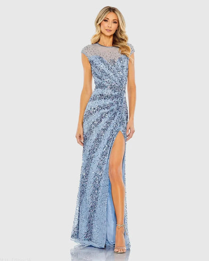 Glamorous Blue Sequin Mermaid Gown Sheer Round Neck Cap Sleeves Zipper Back High Slit Floor-Length Evening Dresses by LANQI DRESS