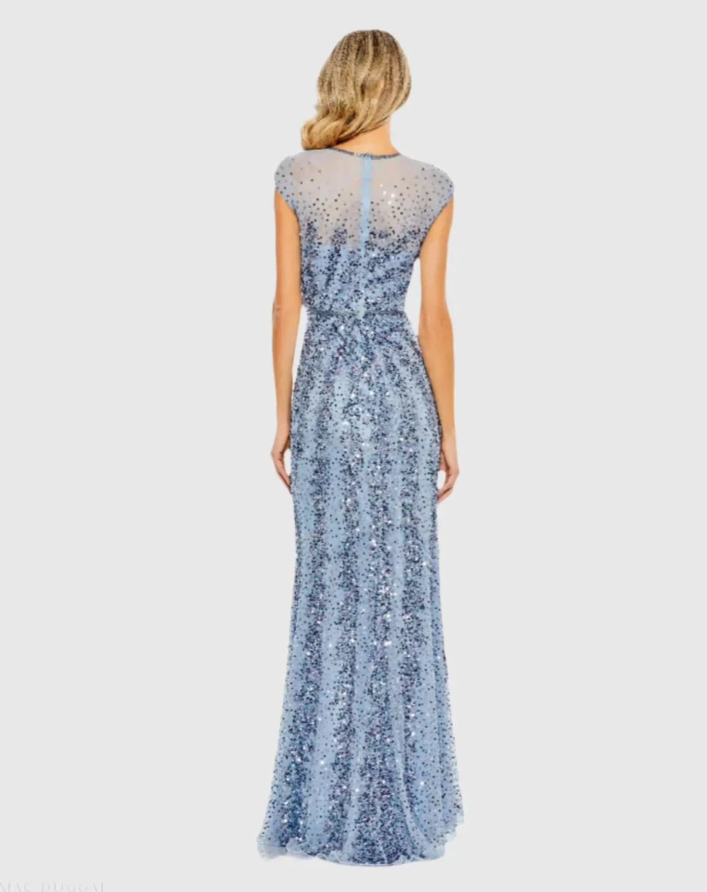 Glamorous Blue Sequin Mermaid Gown Sheer Round Neck Cap Sleeves Zipper Back High Slit Floor-Length Evening Dresses by LANQI DRESS