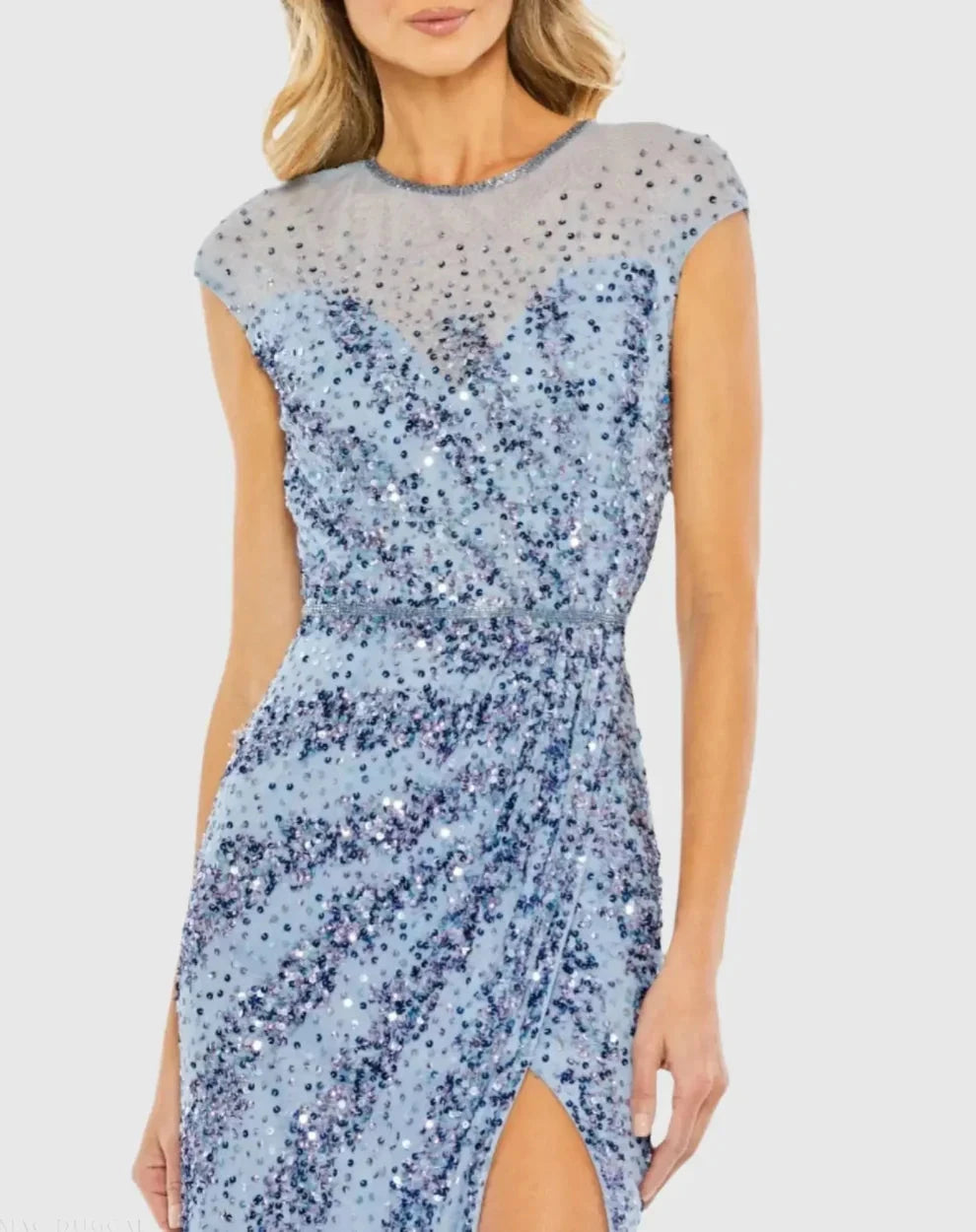 Glamorous Blue Sequin Mermaid Gown Sheer Round Neck Cap Sleeves Zipper Back High Slit Floor-Length Evening Dresses by LANQI DRESS