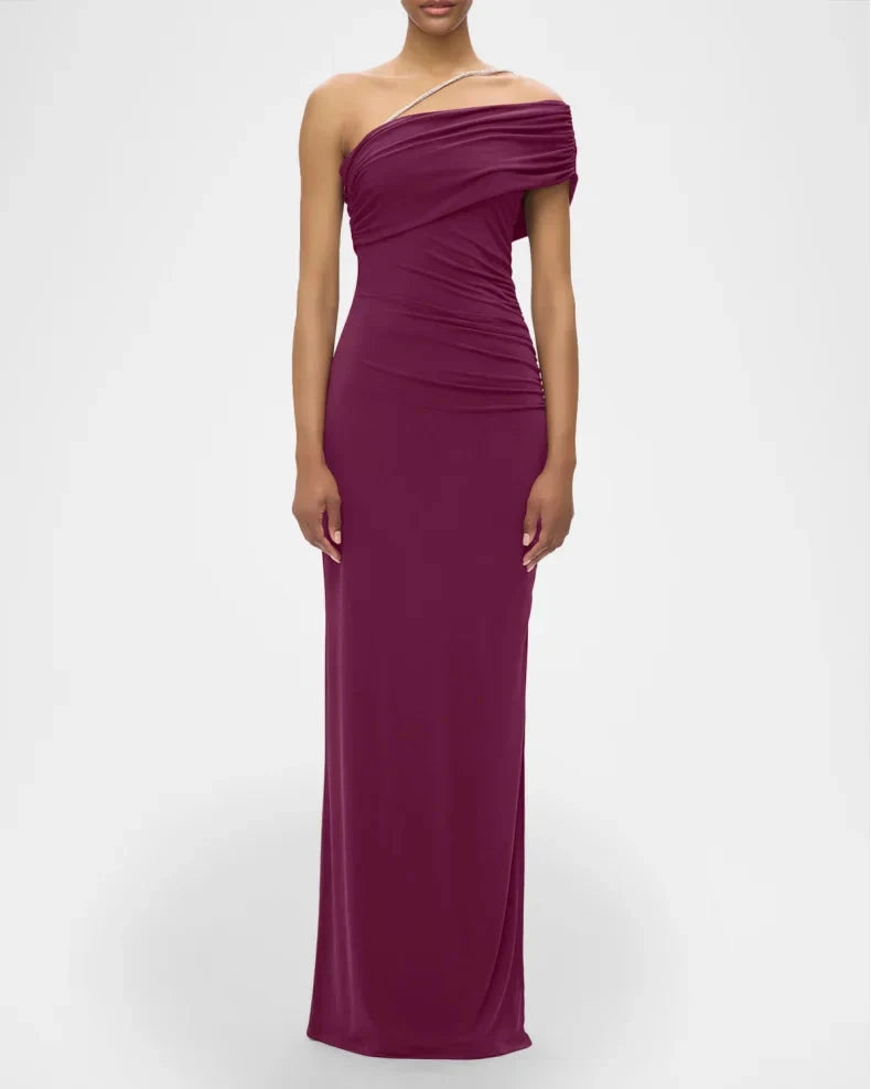 Glamorous Bold Berry Satin Column Silhouette Asymmetrical Neck Rhinestone Strap High Side Slit Floor-Length Evening Dress by LANQI DRESS