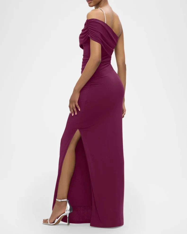 Glamorous Bold Berry Satin Column Silhouette Asymmetrical Neck Rhinestone Strap High Side Slit Floor-Length Evening Dress by LANQI DRESS