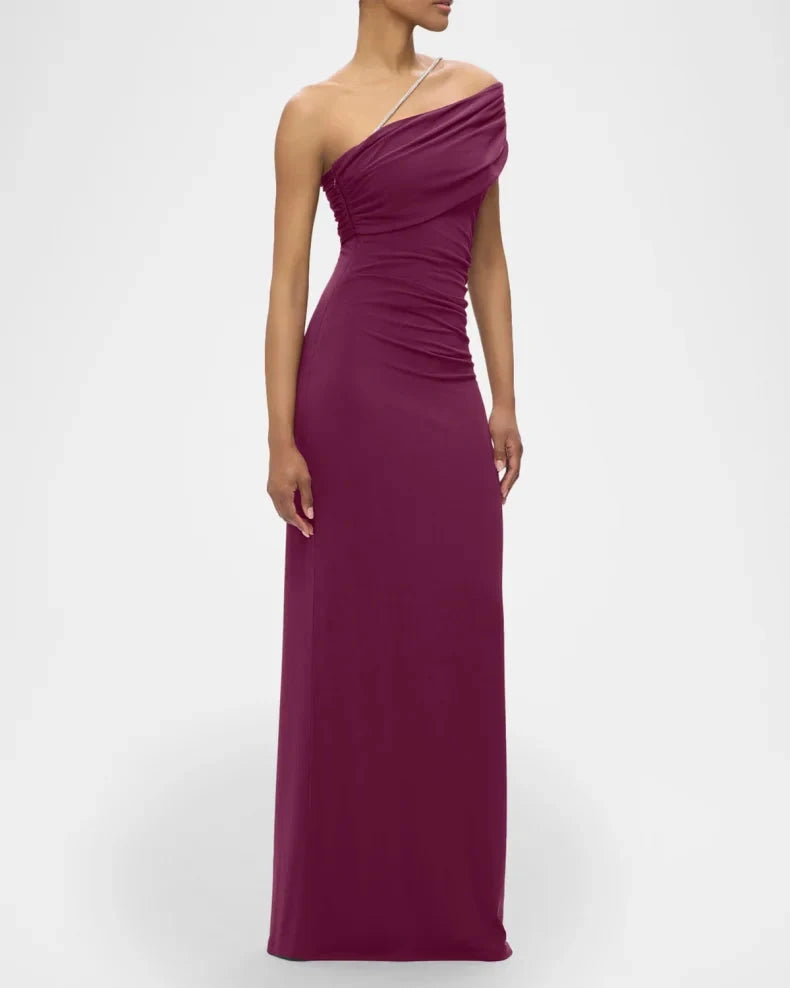 Glamorous Bold Berry Satin Column Silhouette Asymmetrical Neck Rhinestone Strap High Side Slit Floor-Length Evening Dress by LANQI DRESS