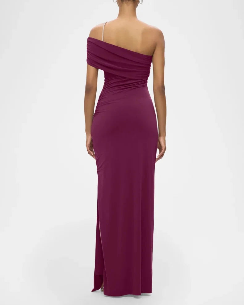 Glamorous Bold Berry Satin Column Silhouette Asymmetrical Neck Rhinestone Strap High Side Slit Floor-Length Evening Dress by LANQI DRESS