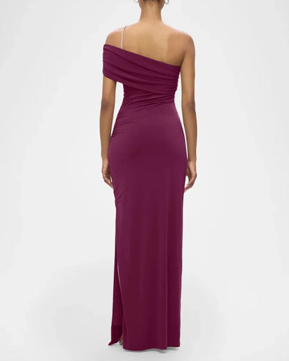 Glamorous Bold Berry Satin Column Silhouette Asymmetrical Neck Rhinestone Strap High Side Slit Floor-Length Evening Dress by LANQI DRESS
