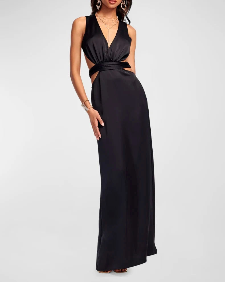 Glamorous Bold Black Satin Column Silhouette Deep V-Neck Cutout Waist Backless Bow Tie Floor-Length Evening Dress by LANQI DRESS