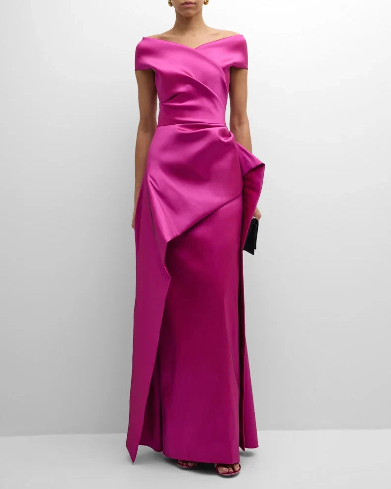 Glamorous Bold Fuchsia Satin Column Silhouette Off-the-Shoulder Neck Short Sleeves Draped Ruffle Detail Floor-Length Evening Dress by LANQI DRESS