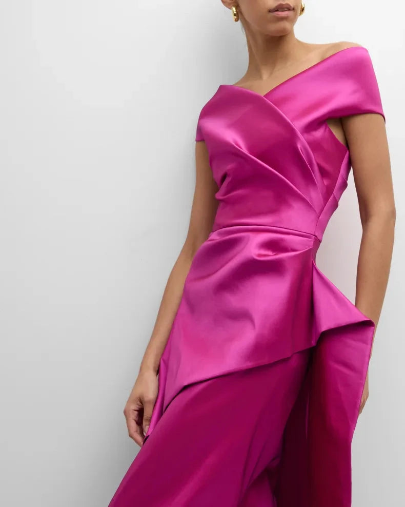 Glamorous Bold Fuchsia Satin Column Silhouette Off-the-Shoulder Neck Short Sleeves Draped Ruffle Detail Floor-Length Evening Dress by LANQI DRESS