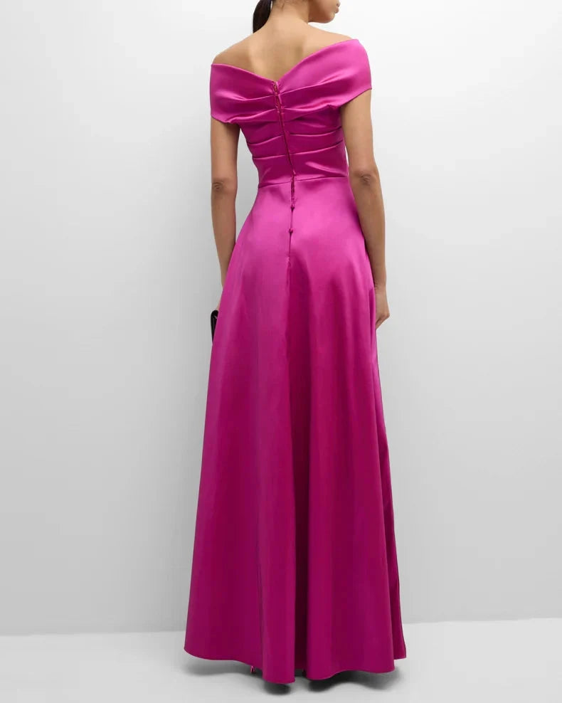 Glamorous Bold Fuchsia Satin Column Silhouette Off-the-Shoulder Neck Short Sleeves Draped Ruffle Detail Floor-Length Evening Dress by LANQI DRESS