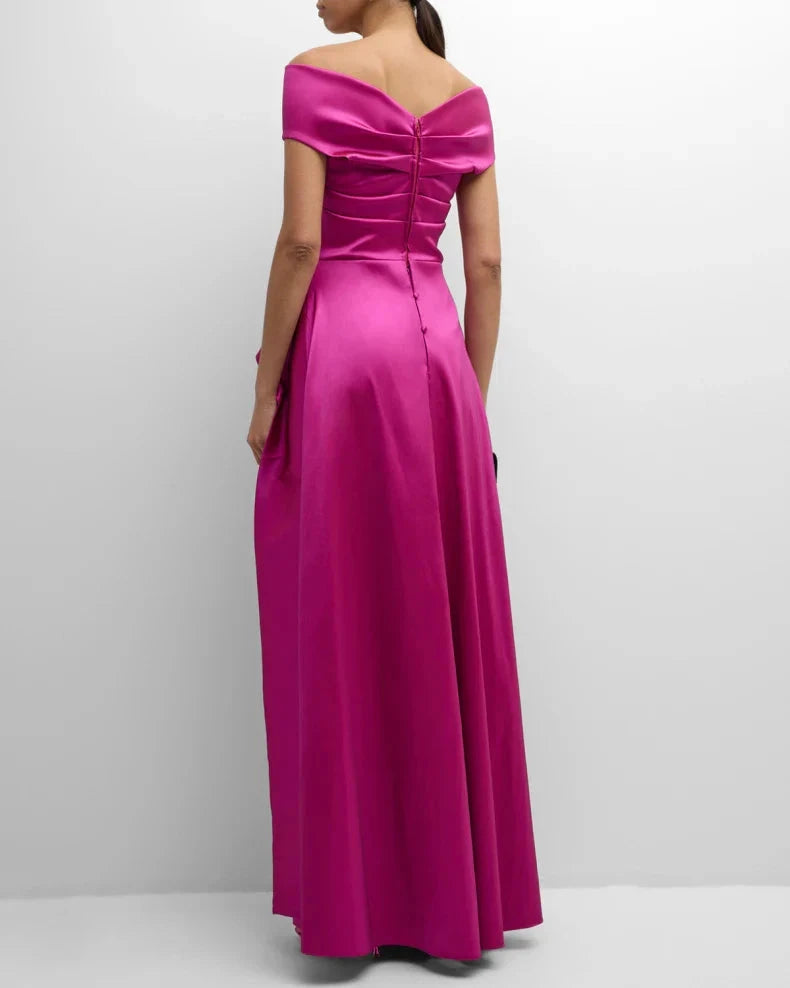 Glamorous Bold Fuchsia Satin Column Silhouette Off-the-Shoulder Neck Short Sleeves Draped Ruffle Detail Floor-Length Evening Dress by LANQI DRESS