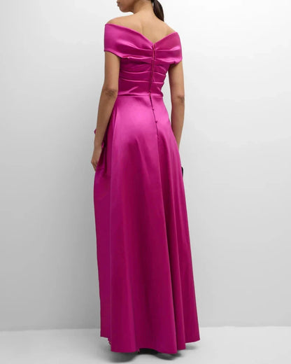 Glamorous Bold Fuchsia Satin Column Silhouette Off-the-Shoulder Neck Short Sleeves Draped Ruffle Detail Floor-Length Evening Dress by LANQI DRESS