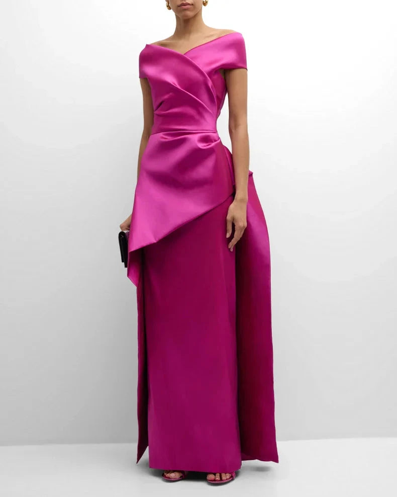 Glamorous Bold Fuchsia Satin Column Silhouette Off-the-Shoulder Neck Short Sleeves Draped Ruffle Detail Floor-Length Evening Dress by LANQI DRESS