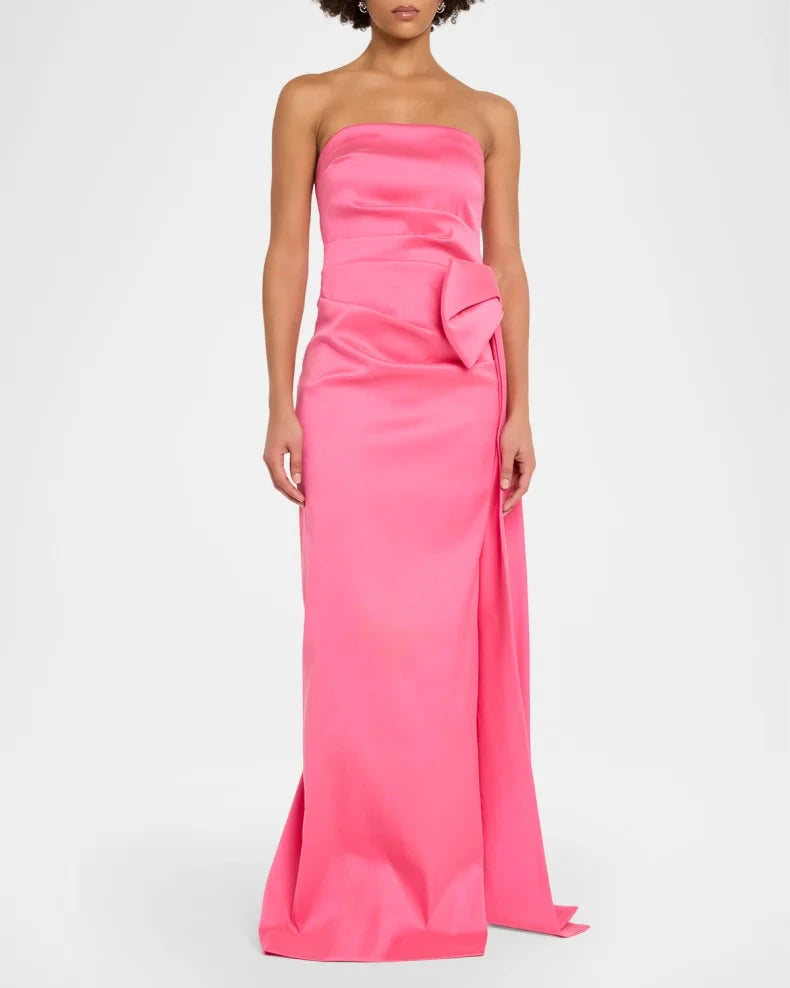 Glamorous Bold Hot Pink Satin Column Silhouette Strapless Neck Bow Detail High Side Slit Floor-Length Evening Dress by LANQI DRESS