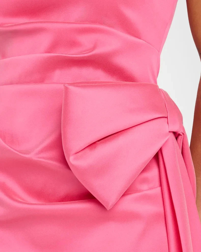 Glamorous Bold Hot Pink Satin Column Silhouette Strapless Neck Bow Detail High Side Slit Floor-Length Evening Dress by LANQI DRESS