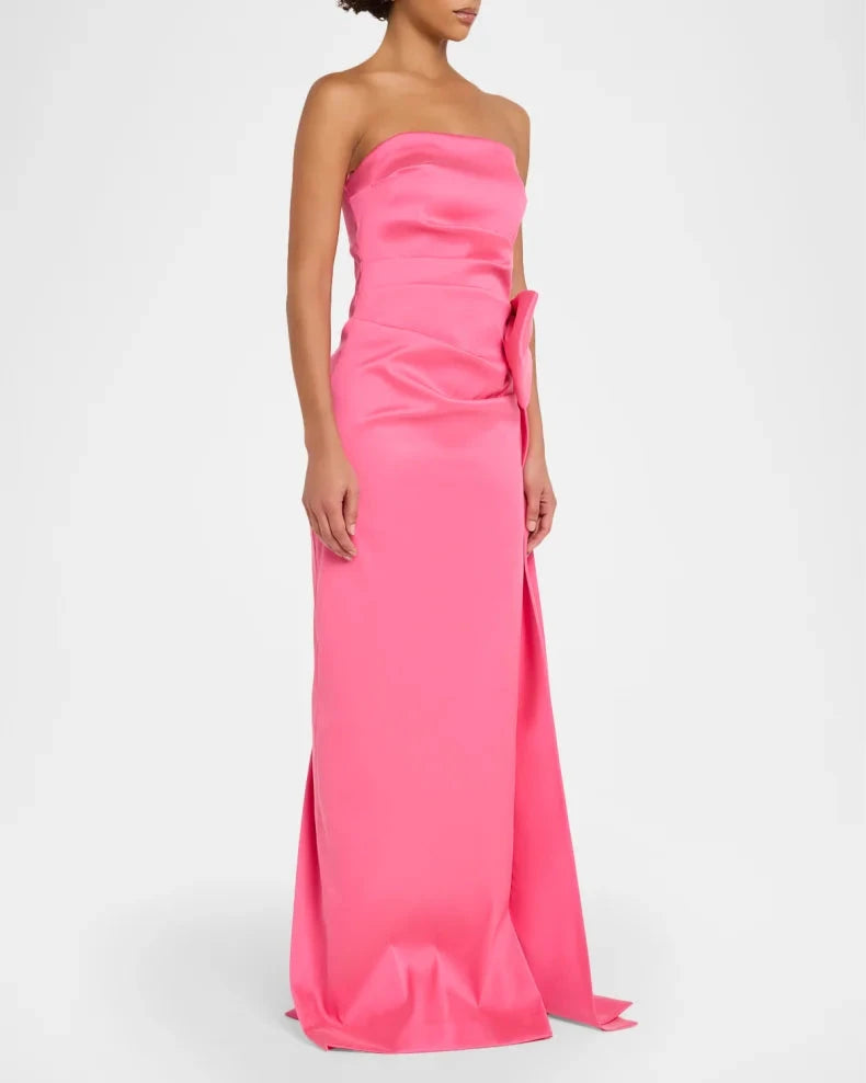 Glamorous Bold Hot Pink Satin Column Silhouette Strapless Neck Bow Detail High Side Slit Floor-Length Evening Dress by LANQI DRESS