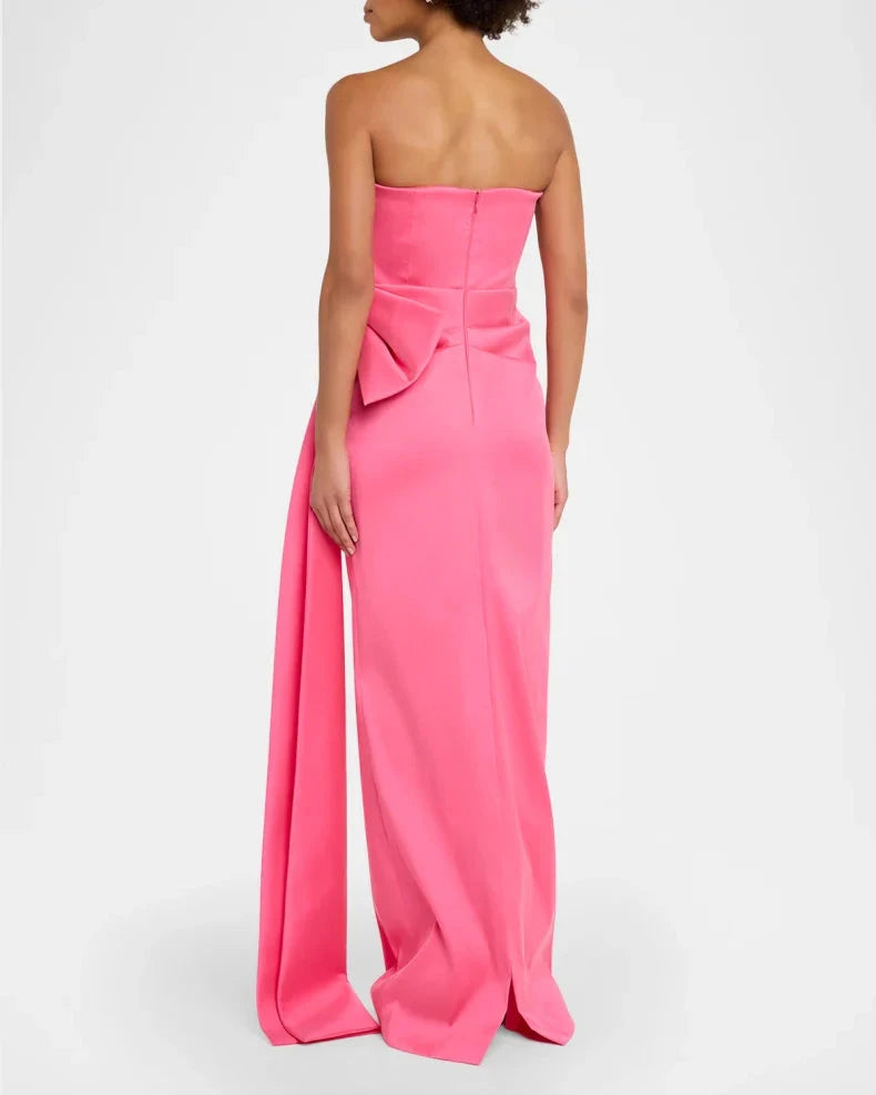 Glamorous Bold Hot Pink Satin Column Silhouette Strapless Neck Bow Detail High Side Slit Floor-Length Evening Dress by LANQI DRESS