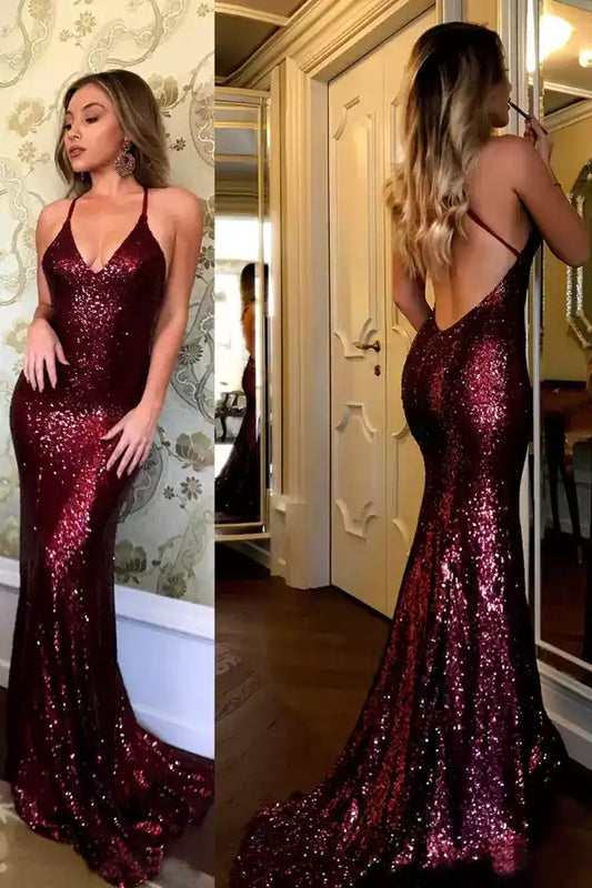 Glamorous Burgundy Sequin Mermaid Dress with Halter Neck & Open Back