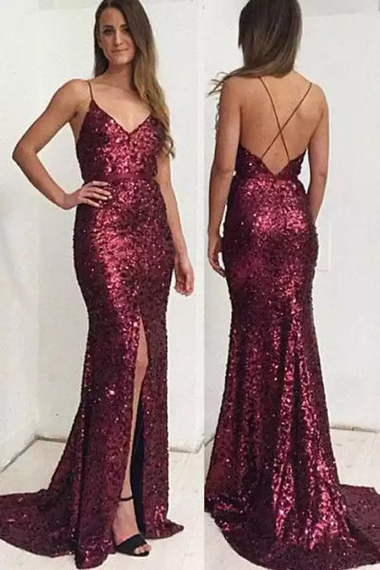 Glamorous Burgundy Sequin Mermaid Dress with Plunge V-Neck & Criss-Cross Back