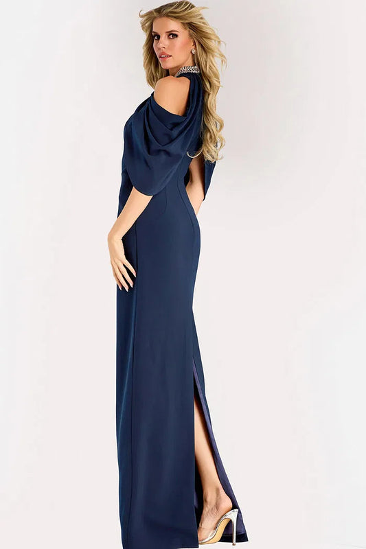 Glamorous Cold-Shoulder Evening Dresses with Rhinestone Neckline Detail, Draped Capelet Sleeves, Daring High Slit and Form-Fitting Crepe Maxi Silhouette Formal Dress
