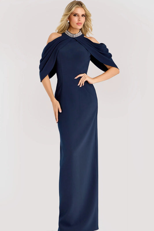 Glamorous Cold-Shoulder Evening Dresses with Rhinestone Neckline Detail, Draped Capelet Sleeves, Daring High Slit and Form-Fitting Crepe Maxi Silhouette Formal Dress