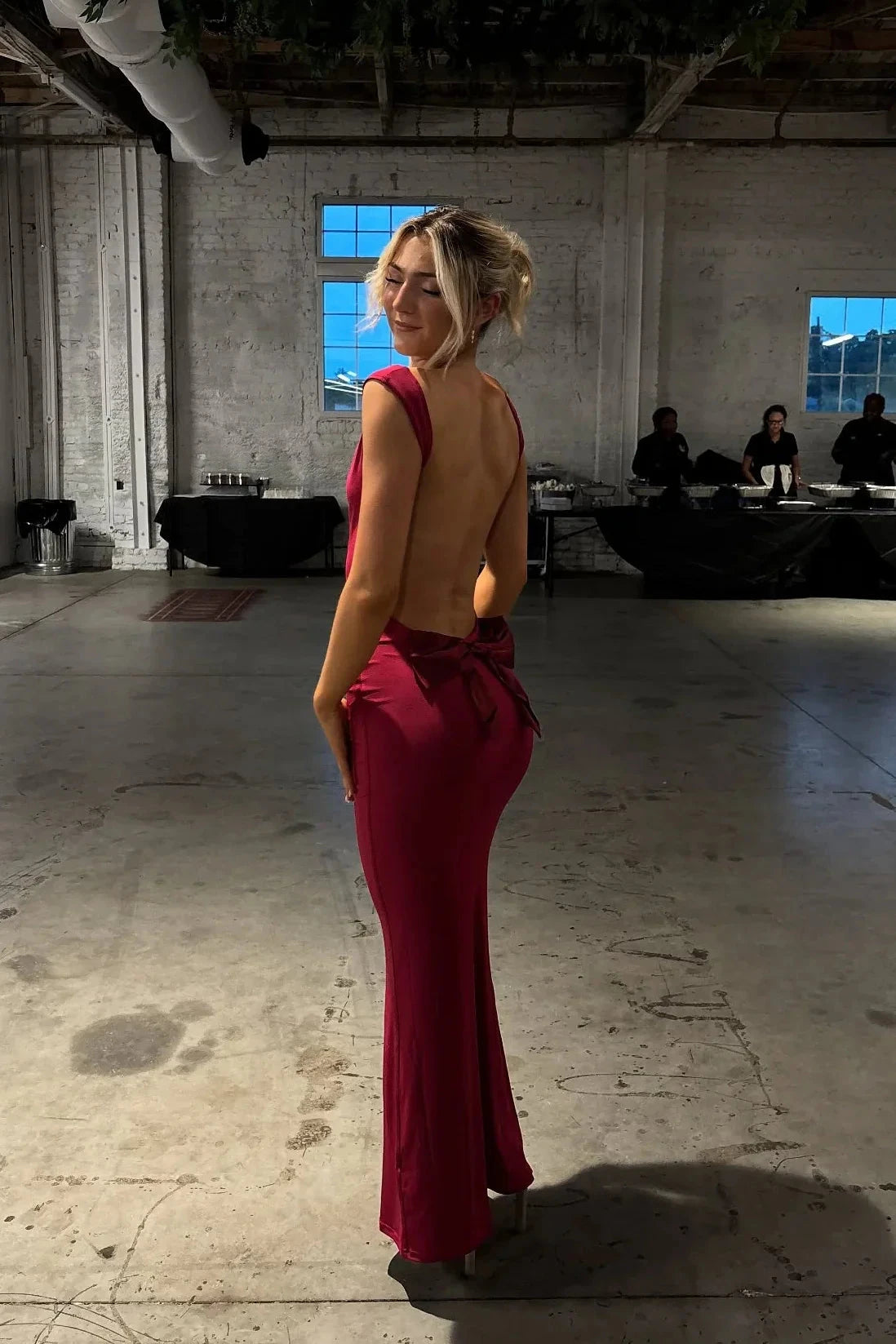 Glamorous Cowl Neck Open Back Mermaid Prom Dress with Bow Detail in Magenta by JiMiss Dresses