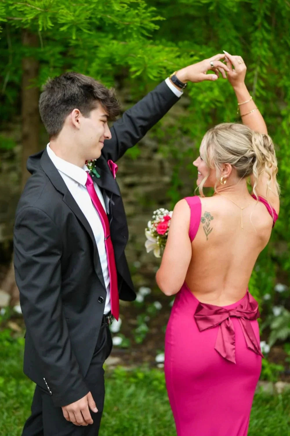 Glamorous Cowl Neck Open Back Mermaid Prom Dress with Bow Detail in Magenta by JiMiss Dresses