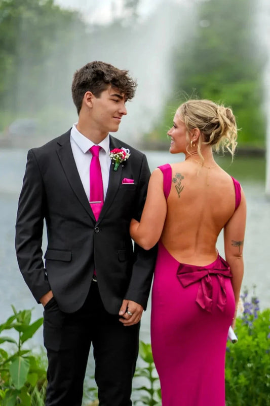 Glamorous Cowl Neck Open Back Mermaid Prom Dress with Bow Detail in Magenta by JiMiss Dresses
