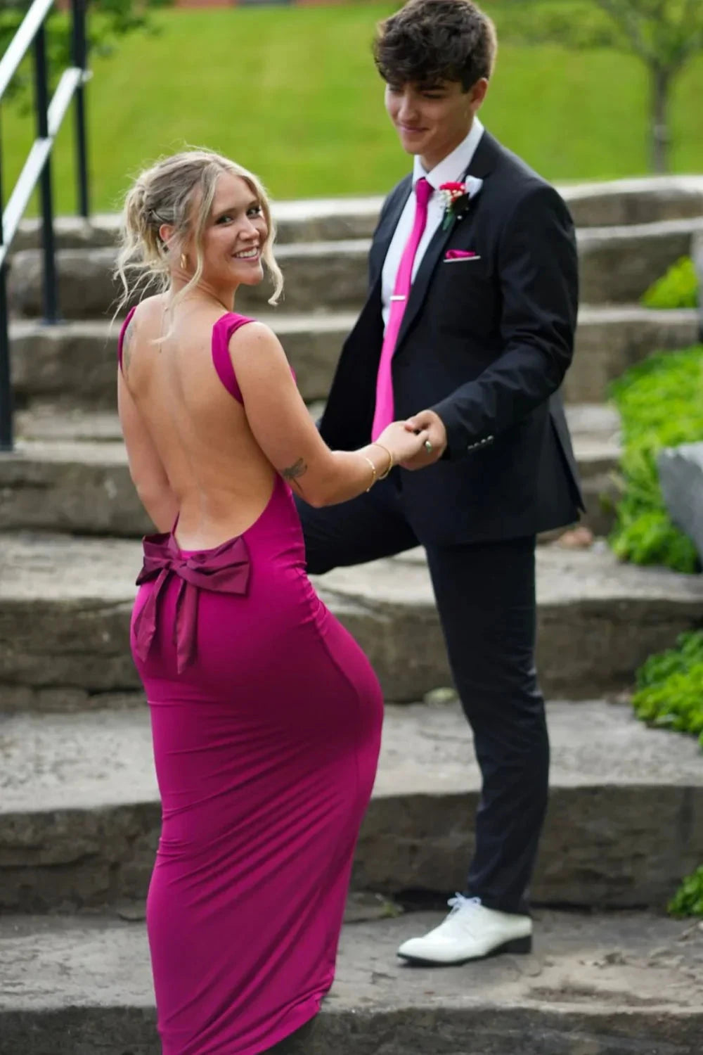 Glamorous Cowl Neck Open Back Mermaid Prom Dress with Bow Detail in Magenta by JiMiss Dresses