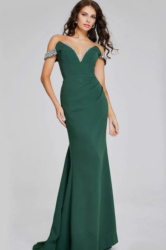 Glamorous Emerald Green Evening Dress with Off-the-Shoulder Beaded Neckline, Mermaid Silhouette and Ruched Waist Detail