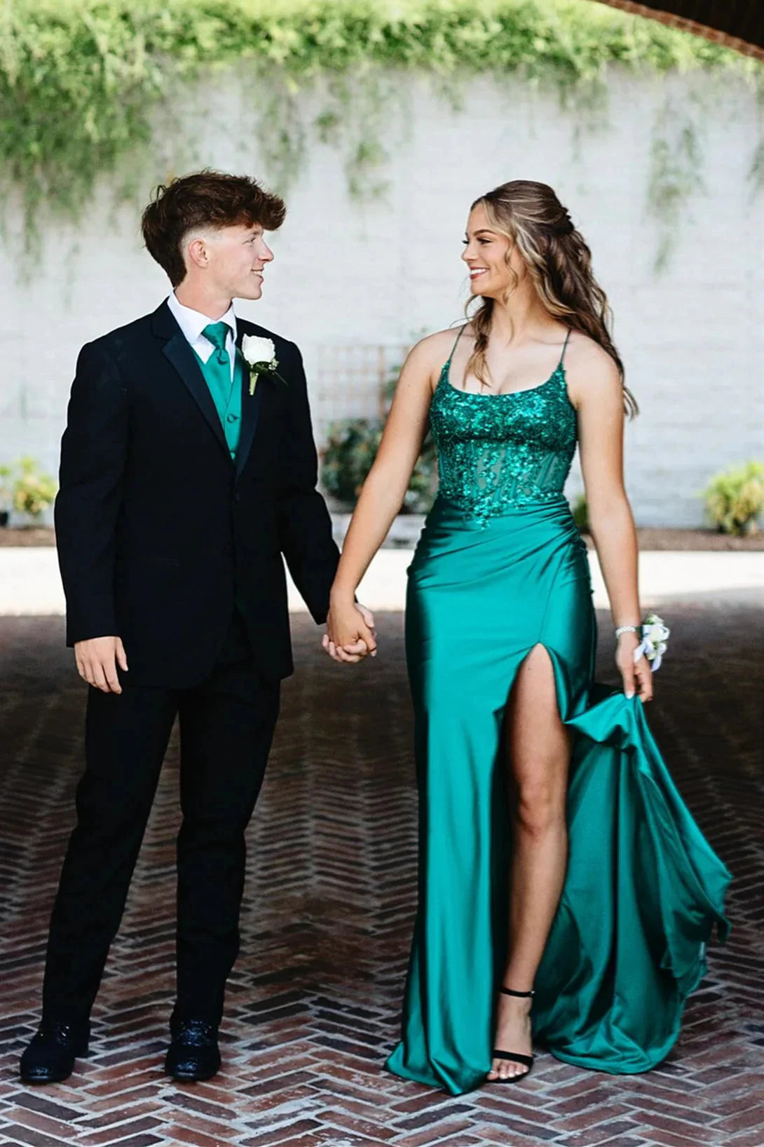 Glamorous Emerald Green Satin Mermaid Prom Dress with Sequin Lace Bodice & Lace-Up Back by JiMiss Dresses
