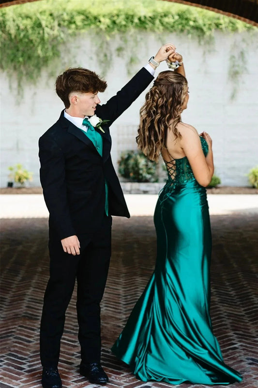 Glamorous Emerald Green Satin Mermaid Prom Dress with Sequin Lace Bodice & Lace-Up Back by JiMiss Dresses