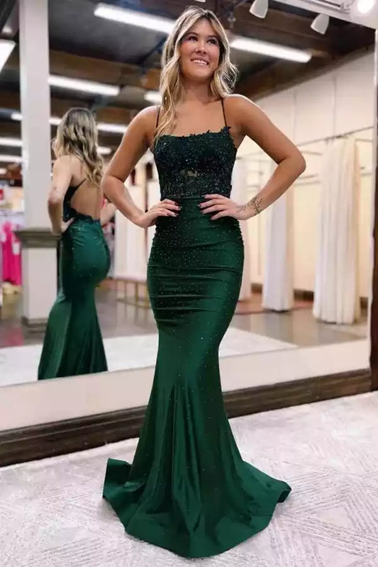 Glamorous Emerald Green Satin Mermaid Prom Dress with Beaded Lace Bodice & Open Back