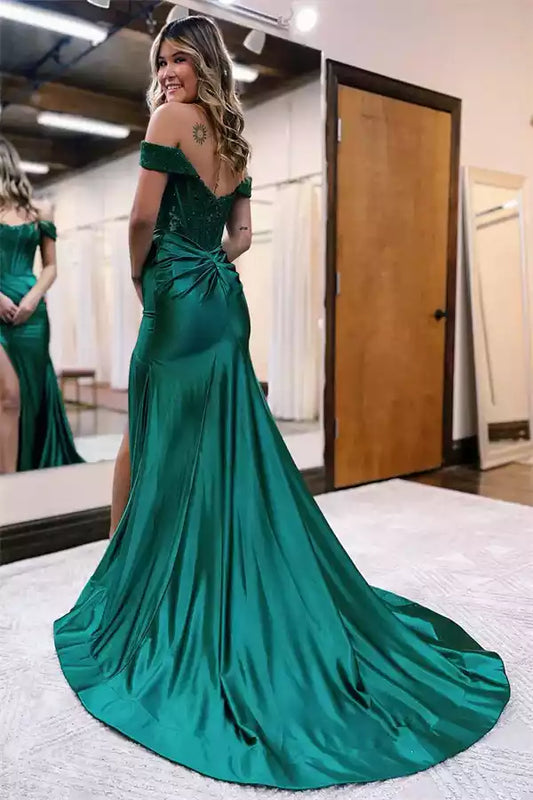 Glamorous Emerald Green Satin Mermaid Prom Dress with Off-the-Shoulder Lace Bodice & High Slit
