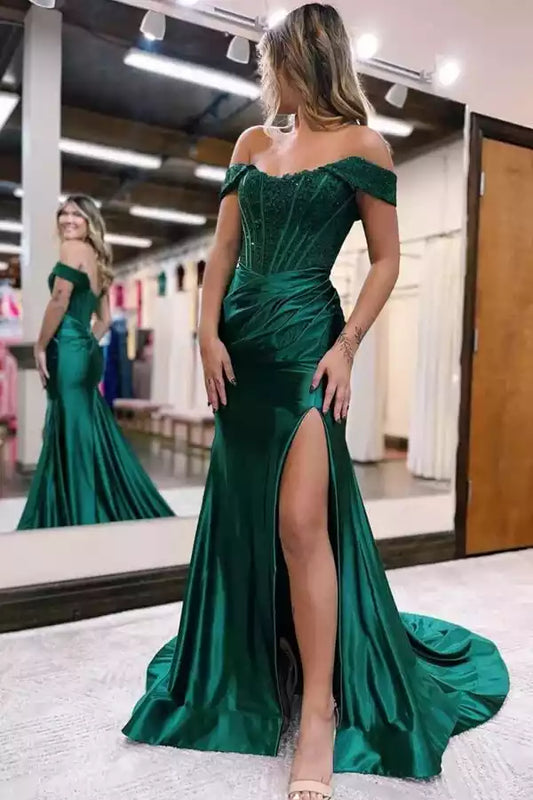 Glamorous Emerald Green Satin Mermaid Prom Dress with Off-the-Shoulder Lace Bodice & High Slit