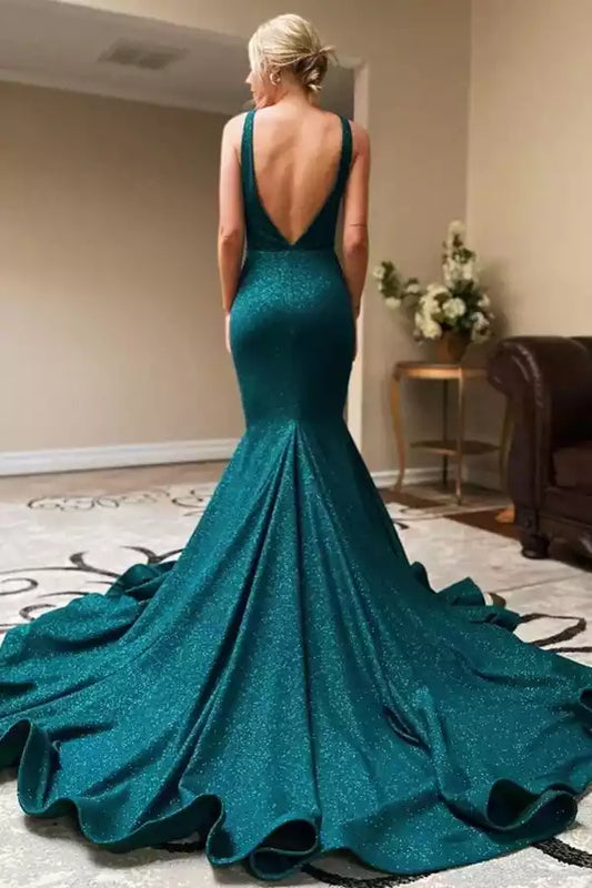 Glamorous Emerald Green Sparkle Mermaid Dress with Plunge V-Neck & Open Back