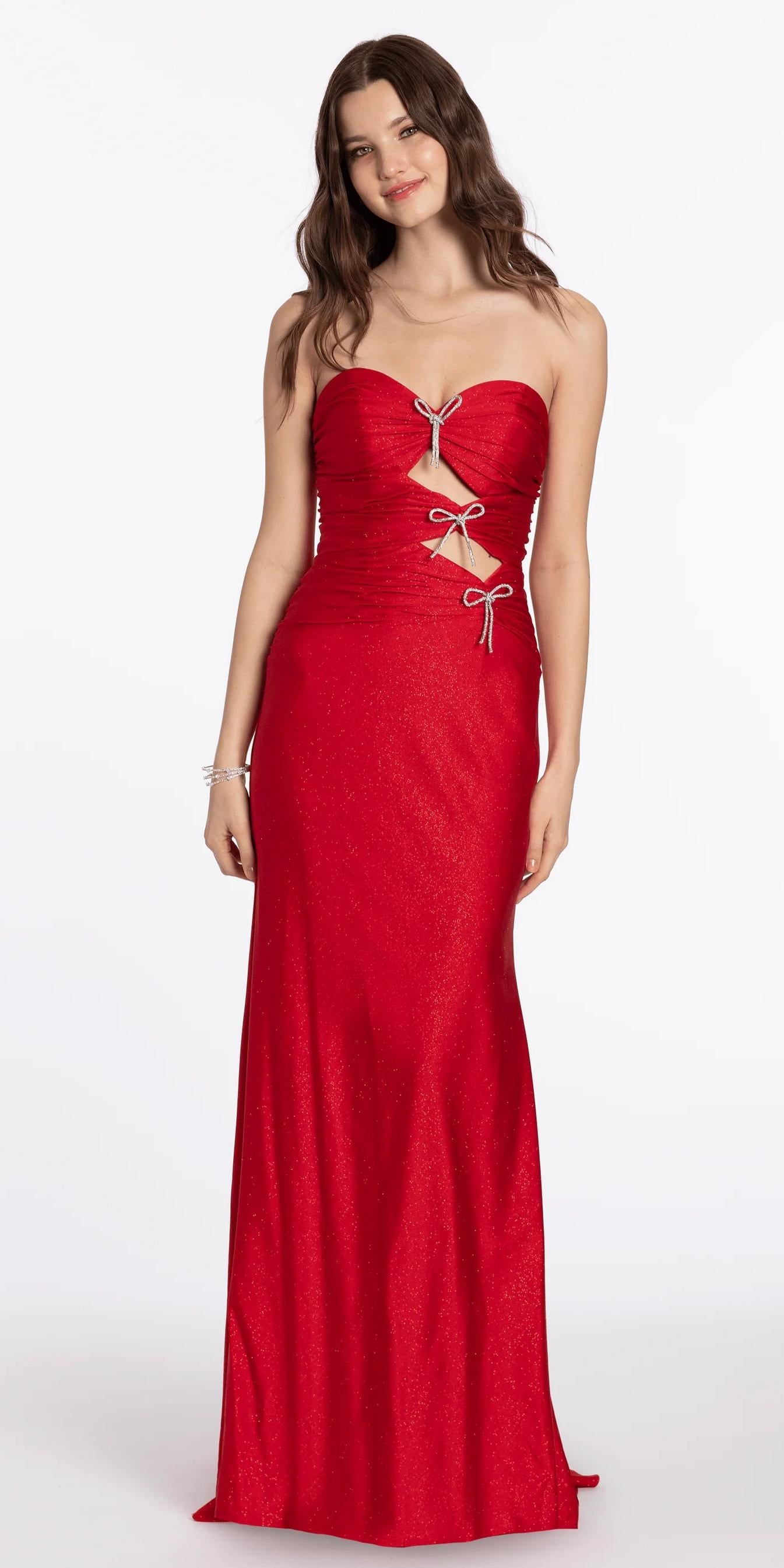 Glamorous Evening Dress with Strapless Neckline, Rhinestone Bows and Cutout Details by LANQI DRESS